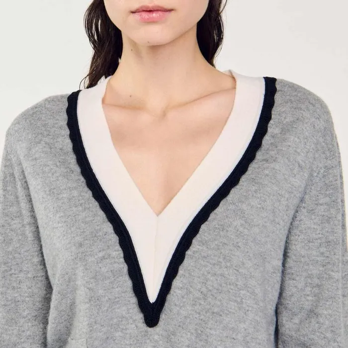Sweaters and Cardigans Women SANDRO Sweater With Contrasting Deep Vneck Mocked Grey