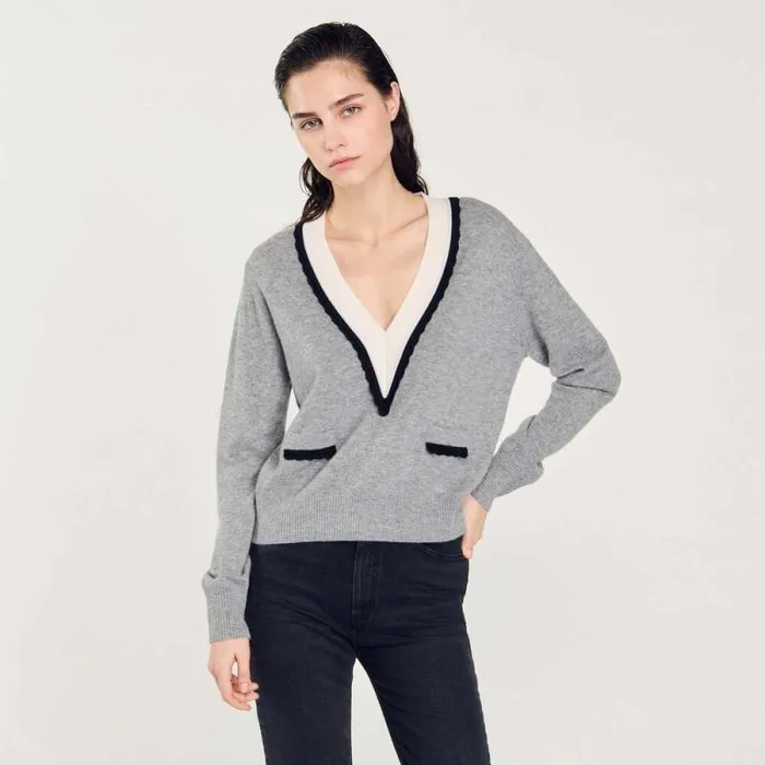 Sweaters and Cardigans Women SANDRO Sweater With Contrasting Deep Vneck Mocked Grey