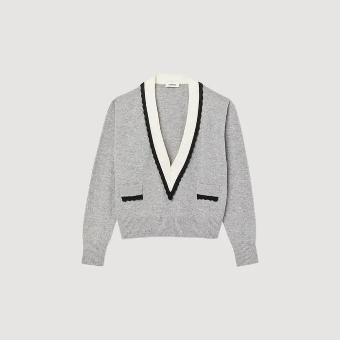 Sweaters and Cardigans Women SANDRO Sweater With Contrasting Deep Vneck Mocked Grey