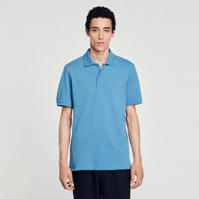 Tshirts and Polos Men SANDRO Polo Shirt With Square Cross Patch Blue Jean