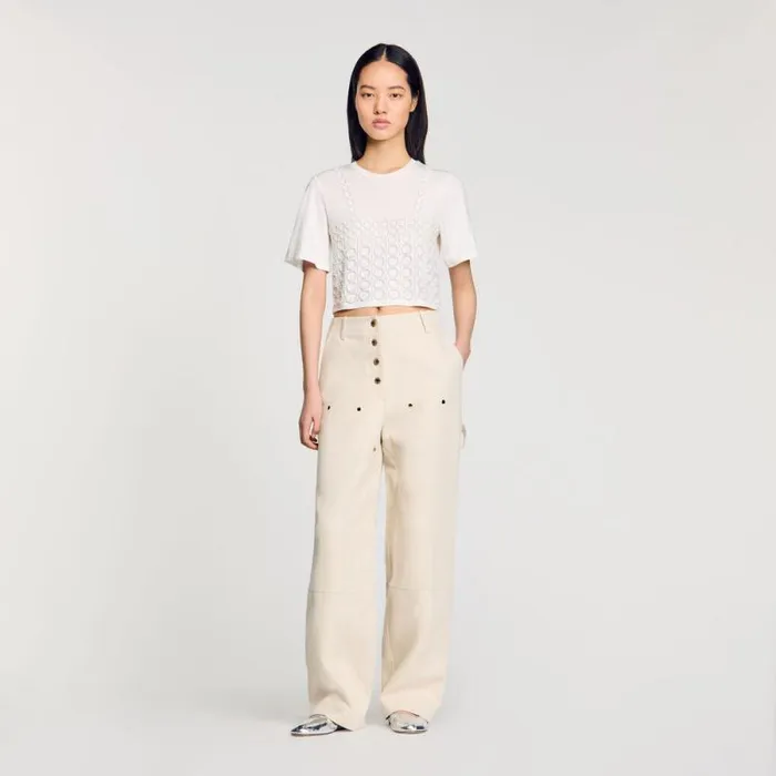Tshirts Women SANDRO Beaded Cropped Tshirt White