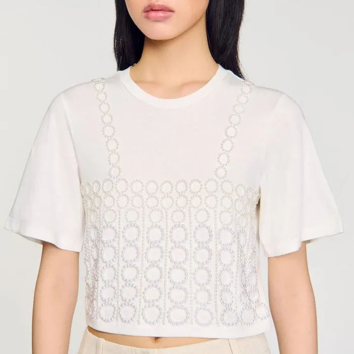 Tshirts Women SANDRO Beaded Cropped Tshirt White