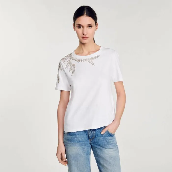 Tshirts Women SANDRO Rhinestoneembellished Tshirt White