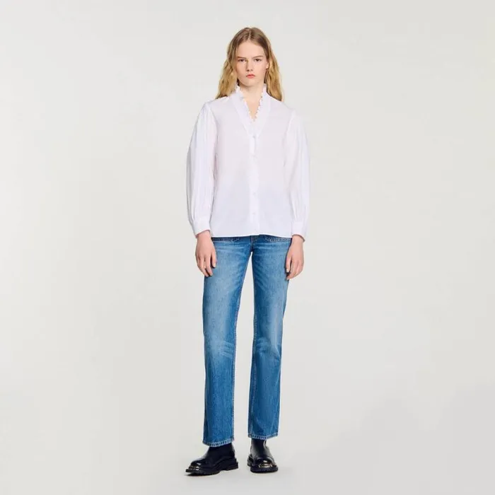 Tops and Shirts Women SANDRO Cotton Shirt With Fancy Collar White