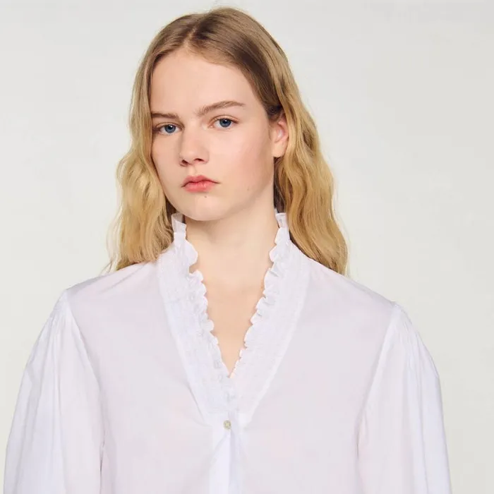 Tops and Shirts Women SANDRO Cotton Shirt With Fancy Collar White