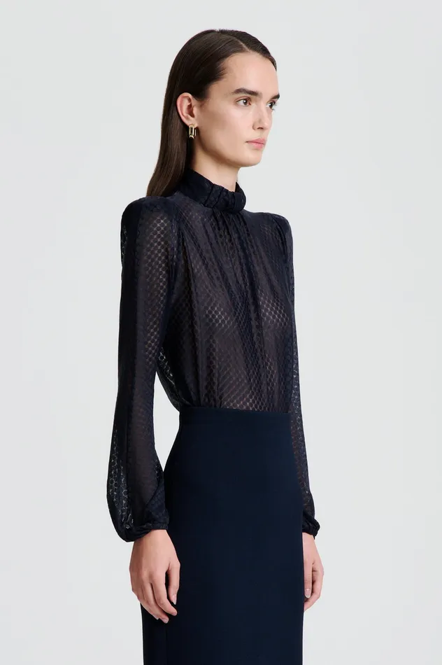 Tops Scanlan Theodore Women FRENCH LACE BLOUSE NAVY Tops Scanlan Theodore Women FRENCH LACE BLOUSE NAVY