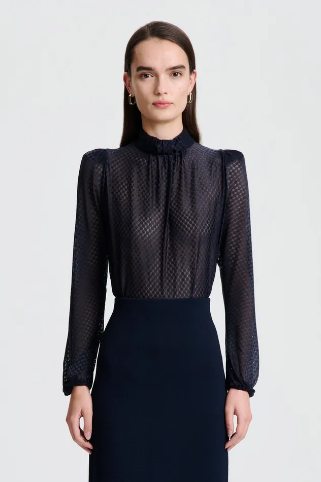 Tops Scanlan Theodore Women FRENCH LACE BLOUSE NAVY Tops Scanlan Theodore Women FRENCH LACE BLOUSE NAVY