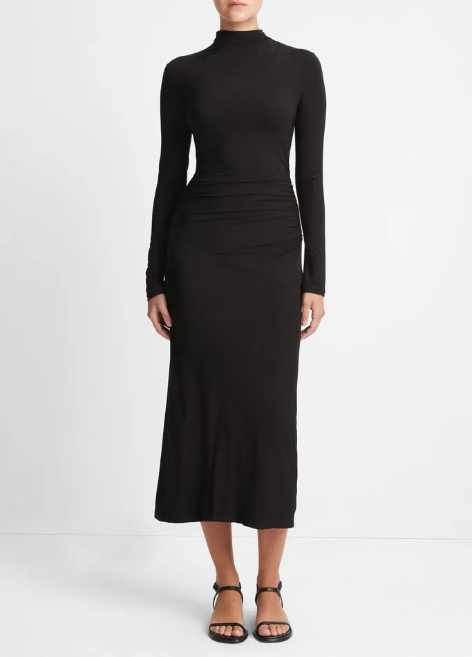 Vince Dresses Women Ruched LongSleeve Turtleneck Dress Black