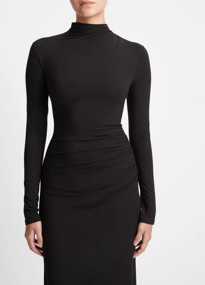 Vince Dresses Women Ruched LongSleeve Turtleneck Dress Black