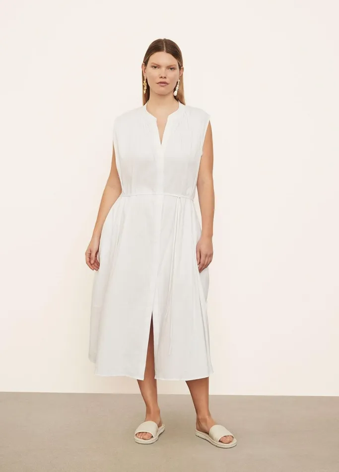Vince Dresses Women Sleeveless Shirred Band Collar Dress Optic White
