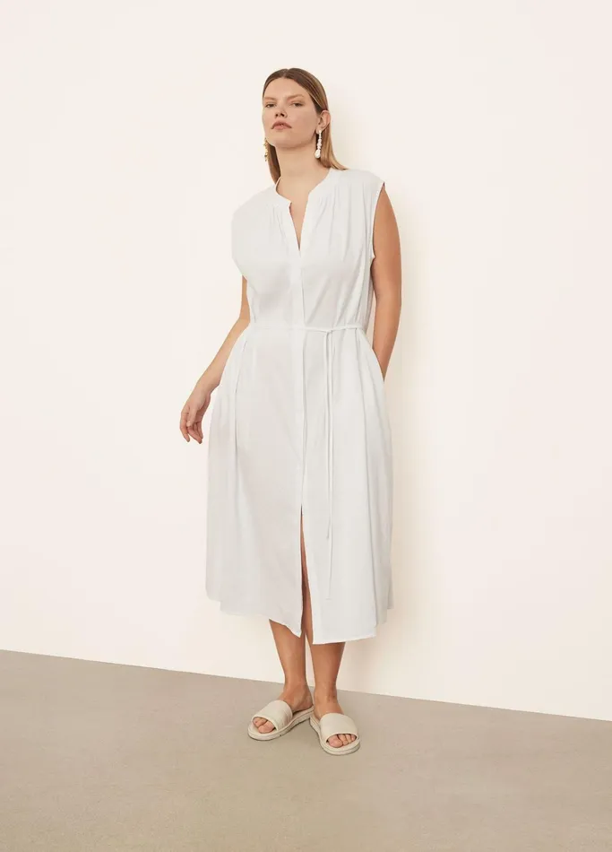 Vince Dresses Women Sleeveless Shirred Band Collar Dress Optic White