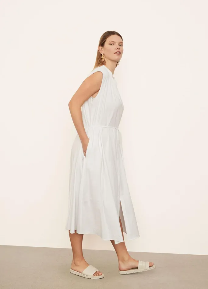 Vince Dresses Women Sleeveless Shirred Band Collar Dress Optic White