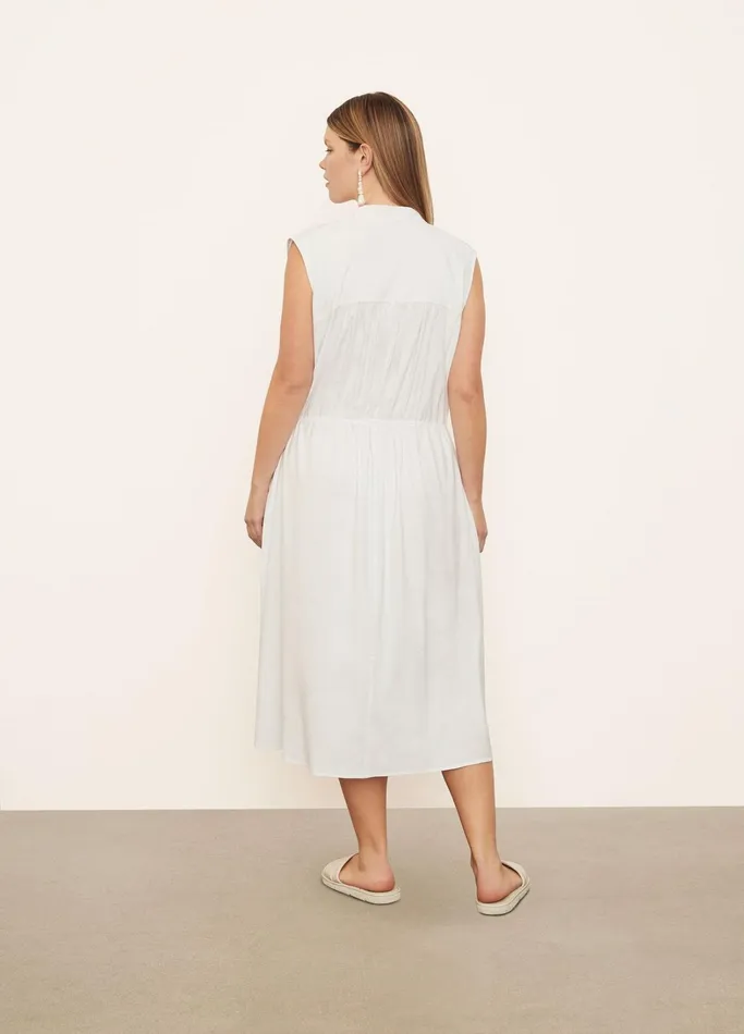 Vince Dresses Women Sleeveless Shirred Band Collar Dress Optic White