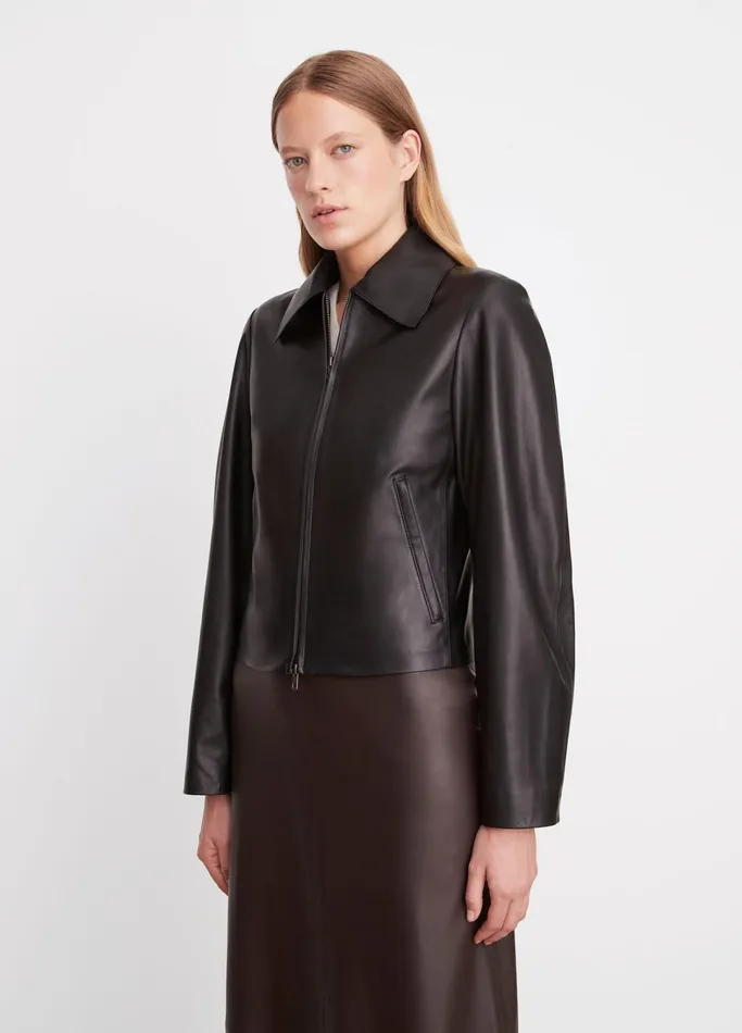 Vince Jackets and Outerwear Women Leather ZipFront Jacket Black