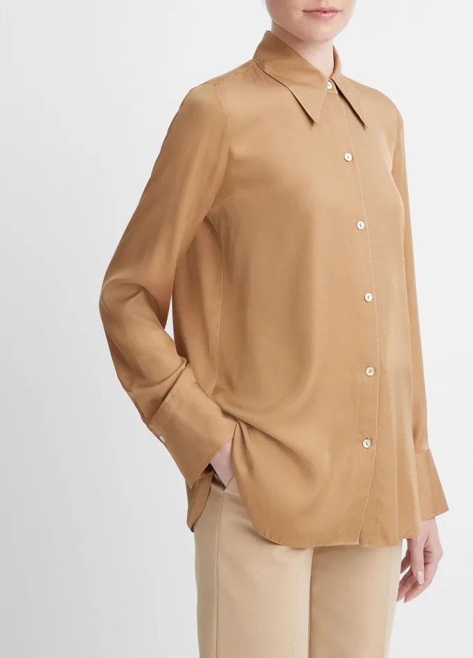 Vince Shirts and Tops Women Easy SilkBlend LongSleeve ButtonFront Blouse Camel