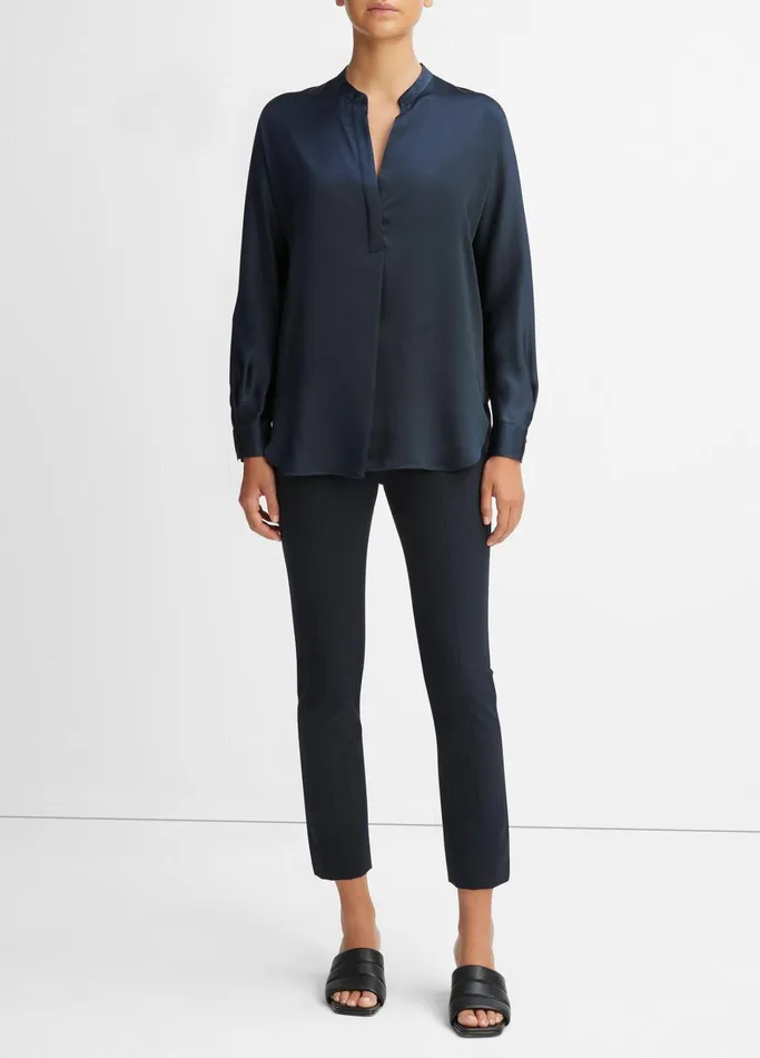 Vince Shirts and Tops Women Silk Satin BandCollar Blouse Coastal Blue