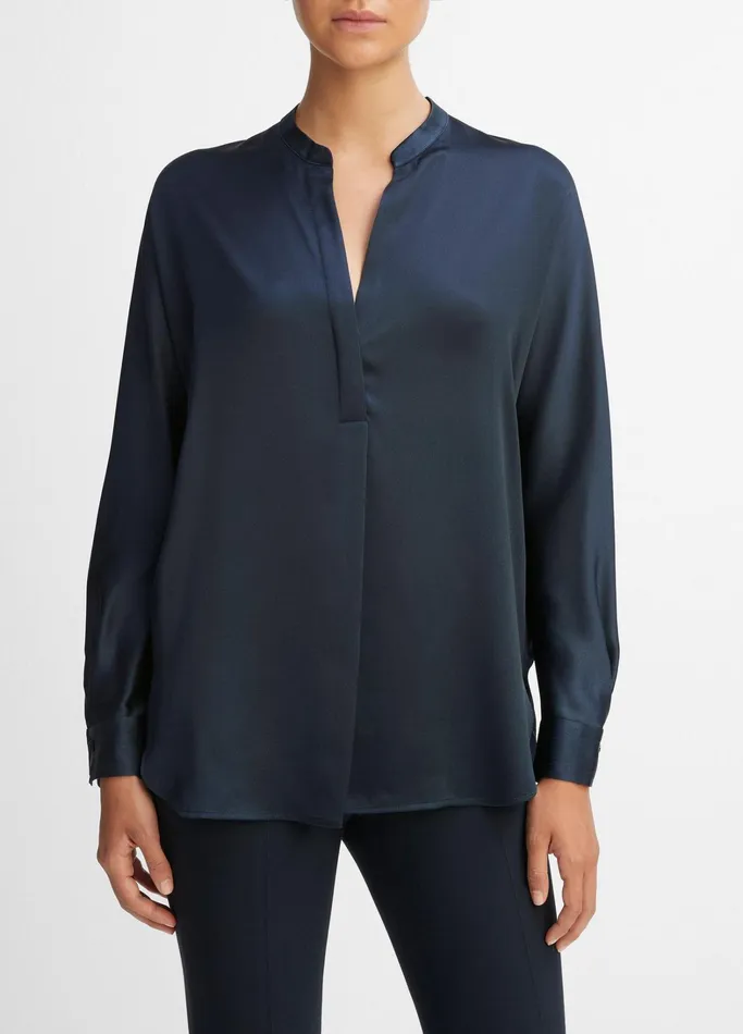 Vince Shirts and Tops Women Silk Satin BandCollar Blouse Coastal Blue