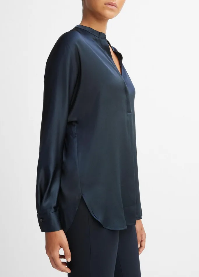 Vince Shirts and Tops Women Silk Satin BandCollar Blouse Coastal Blue