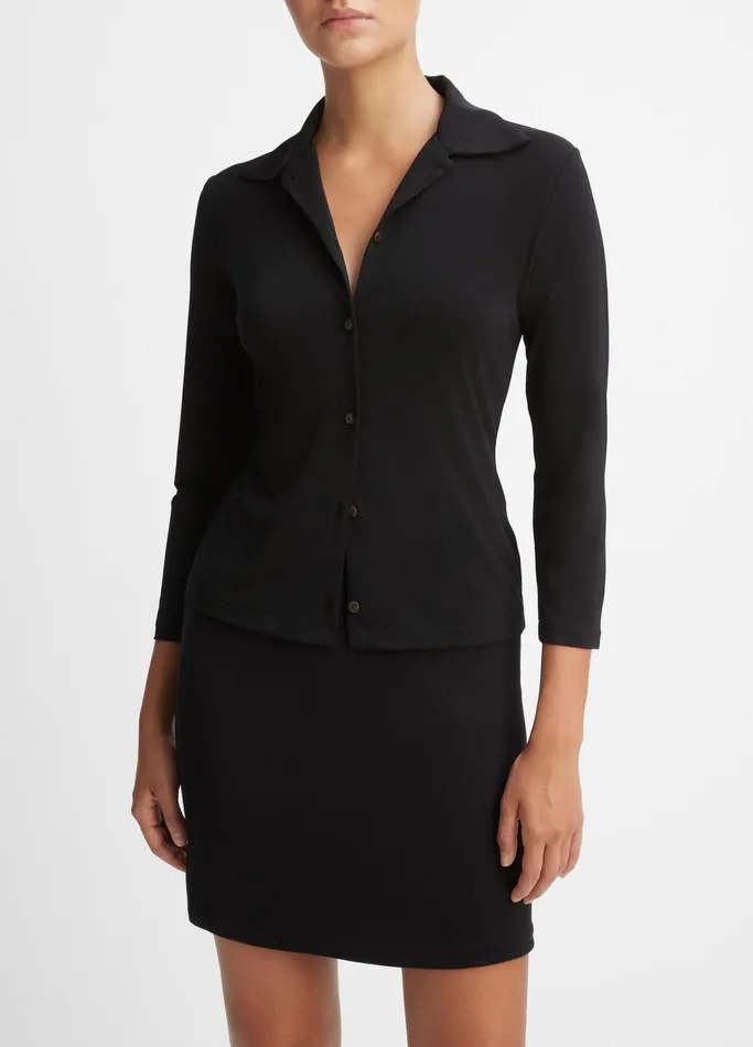 Vince Shirts and Tops Women ThreeQuarterSleeve ButtonFront Polo Top Black