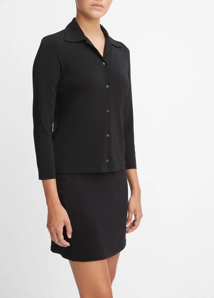 Vince Shirts and Tops Women ThreeQuarterSleeve ButtonFront Polo Top Black