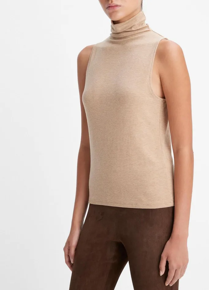 Vince TShirts Women Sleeveless Turtleneck Top Heather Cashew