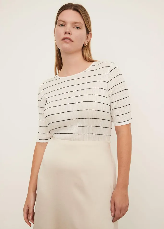 Vince TShirts Women Variegated Stripe Elbow Sleeve Crew Neck TShirt Off Whitecoastal Blue