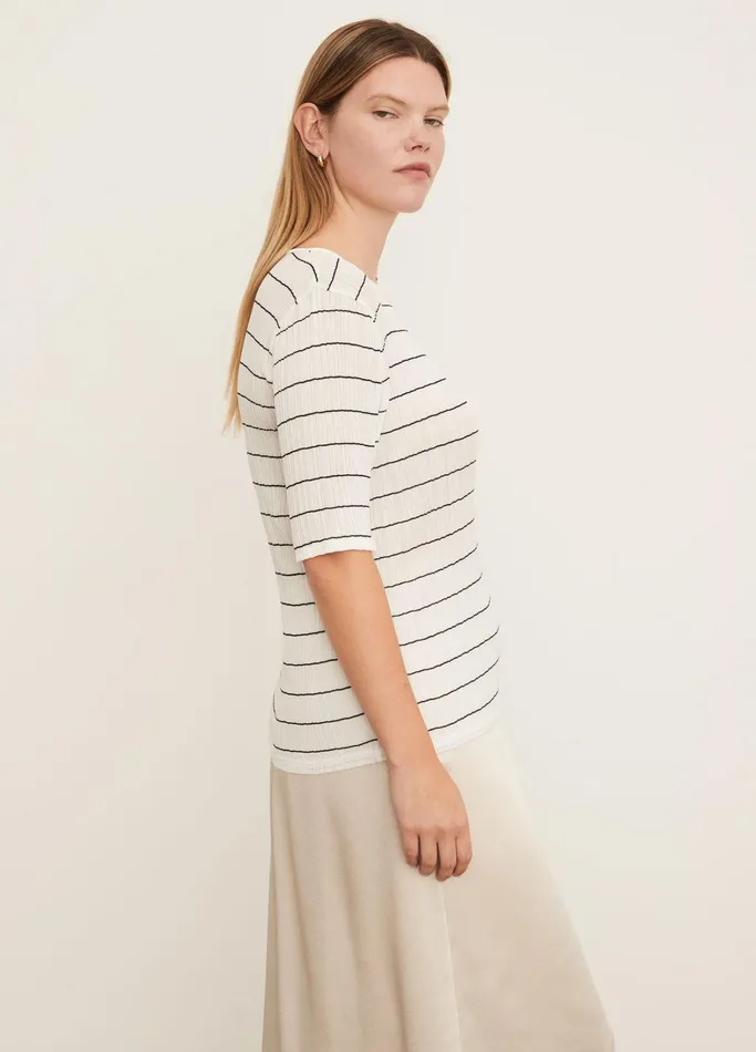 Vince TShirts Women Variegated Stripe Elbow Sleeve Crew Neck TShirt Off Whitecoastal Blue