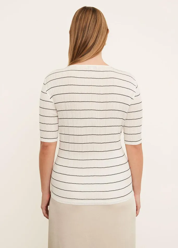 Vince TShirts Women Variegated Stripe Elbow Sleeve Crew Neck TShirt Off Whitecoastal Blue