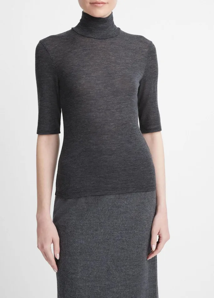 Vince TShirts Women Wool ElbowSleeve Turtleneck Top Heather Charcoal