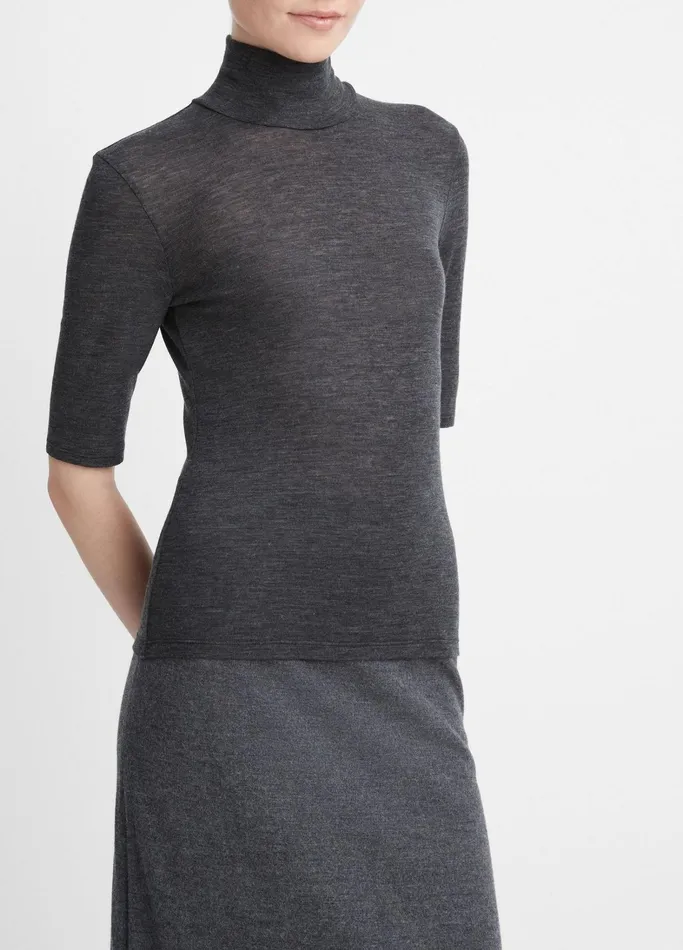 Vince TShirts Women Wool ElbowSleeve Turtleneck Top Heather Charcoal