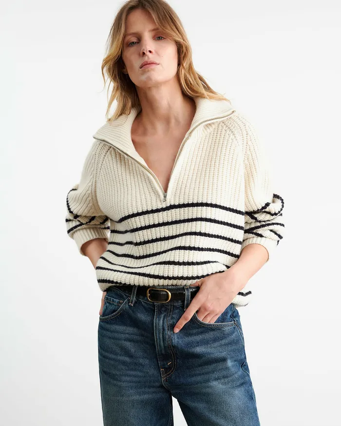 Women AMELINA CASHMERE SWEATER IvoryDark Navy Stripe Knits and Sweaters Nili Lotan