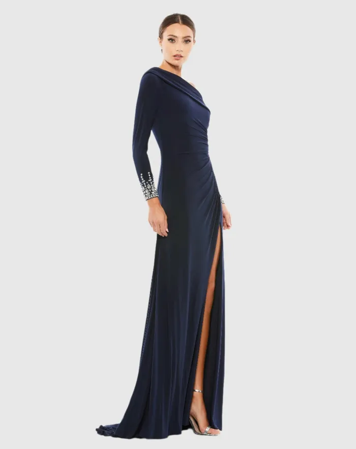 Women Beaded Cuff Drop Shoulder Faux Wrap Dress Midnight Evening Gowns Mac Duggal