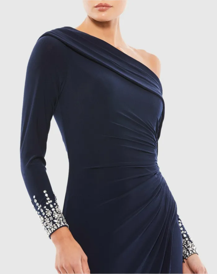 Women Beaded Cuff Drop Shoulder Faux Wrap Dress Midnight Evening Gowns Mac Duggal