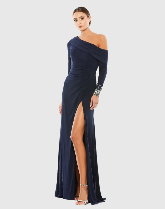 Women Beaded Cuff Drop Shoulder Faux Wrap Dress Midnight Evening Gowns Mac Duggal