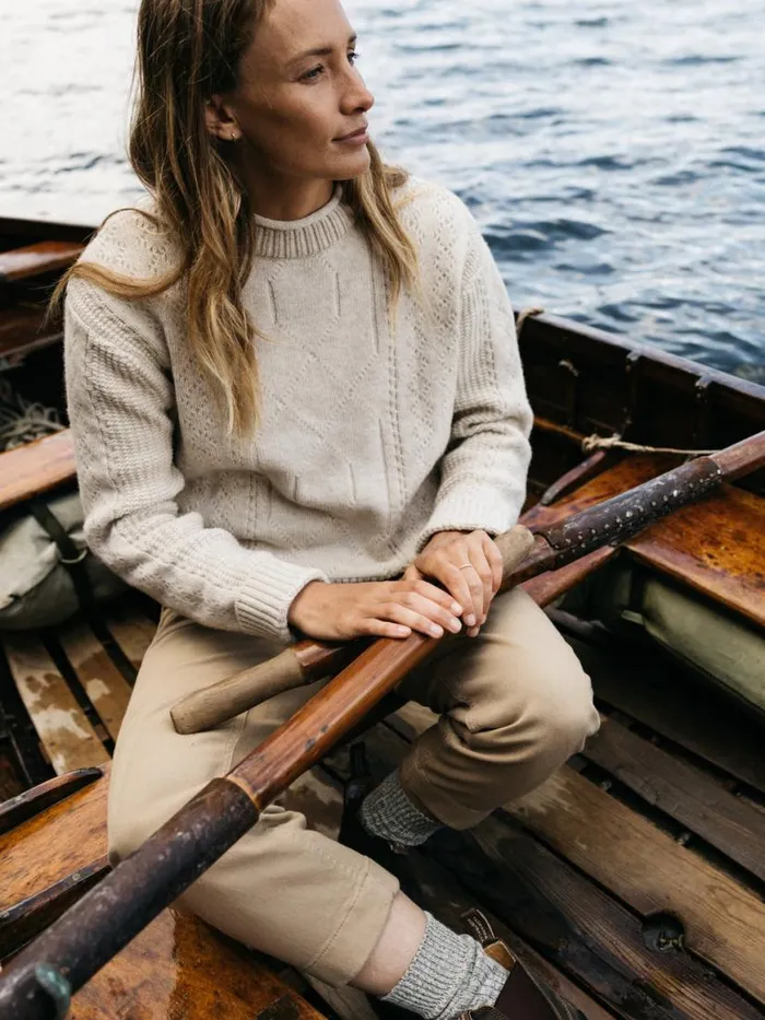 Women Berneray Cable Crew Jumper Pebble Grey Finisterre Knitwear