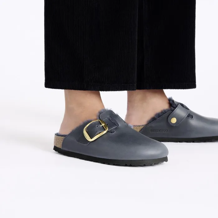Women Birkenstock Clogs Boston Big Buckle Shearling Midnight