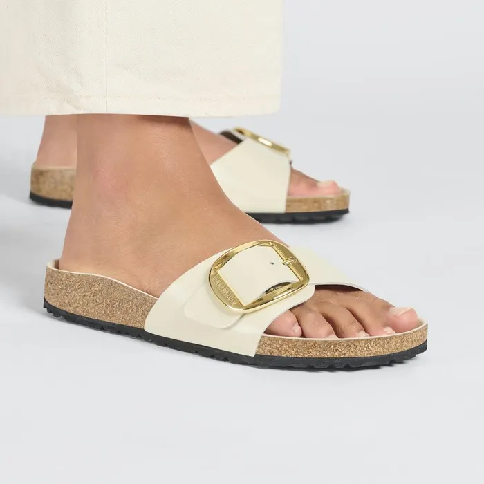 Women Birkenstock OneStrap Madrid Big Buckle High Shine Ecru