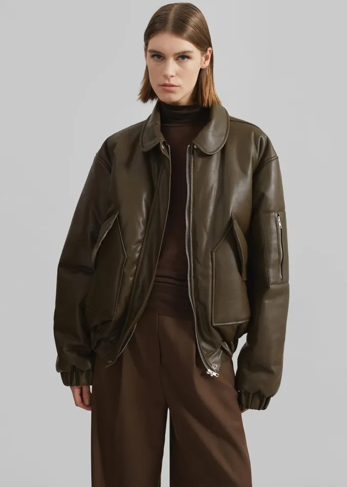 Women Blane Faux Leather Padded Bomber Jacket 8211 Khaki Brown The Frankie Shop Outerwear