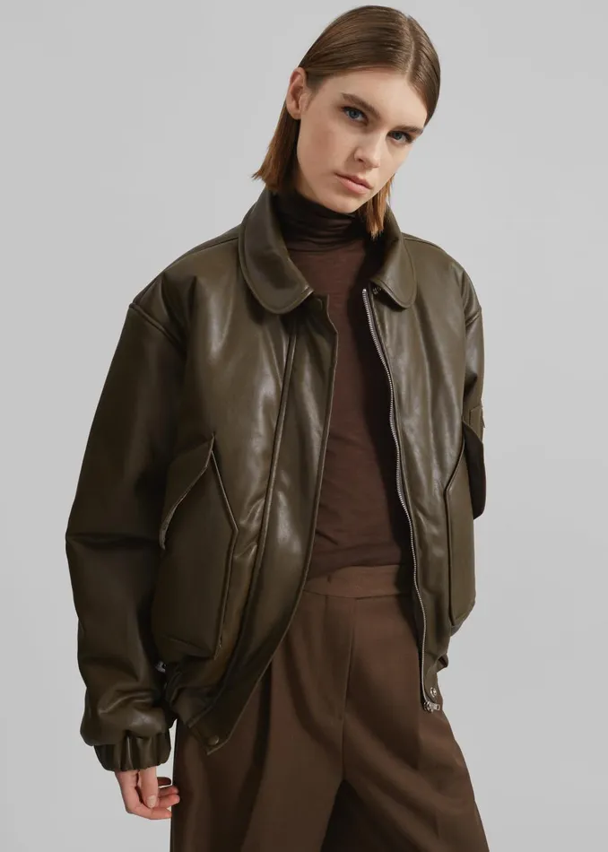 Women Blane Faux Leather Padded Bomber Jacket 8211 Khaki Brown The Frankie Shop Outerwear