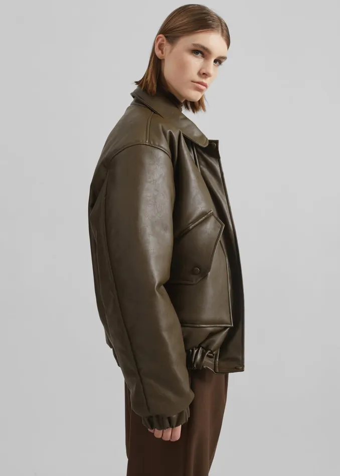 Women Blane Faux Leather Padded Bomber Jacket 8211 Khaki Brown The Frankie Shop Outerwear