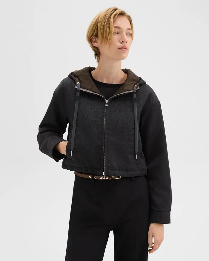 Women Blazers Jackets Theory Cropped ZipUp Hoodie In WoolBlend Twill Charcoal