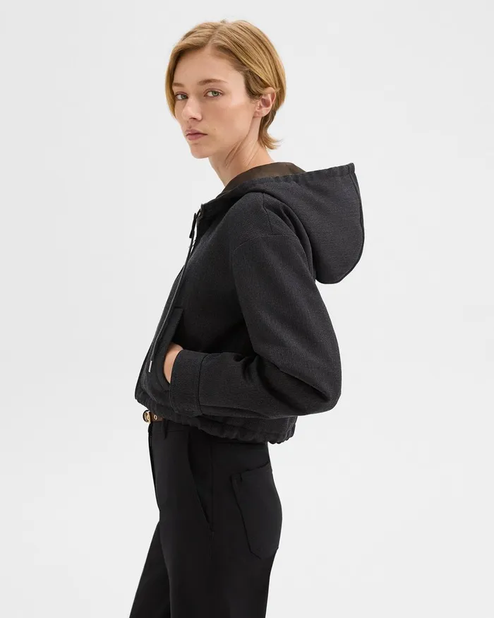Women Blazers Jackets Theory Cropped ZipUp Hoodie In WoolBlend Twill Charcoal