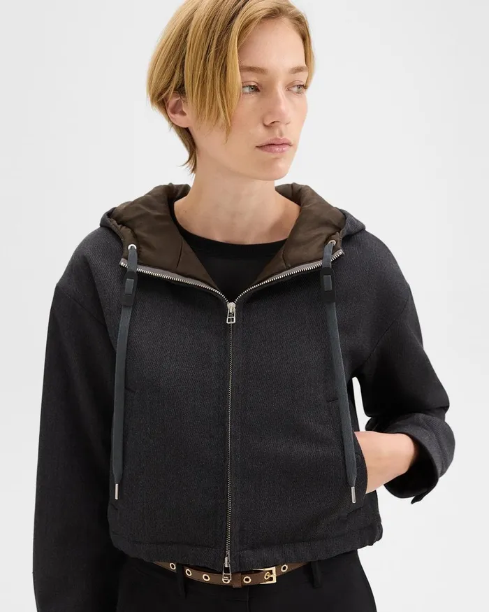 Women Blazers Jackets Theory Cropped ZipUp Hoodie In WoolBlend Twill Charcoal
