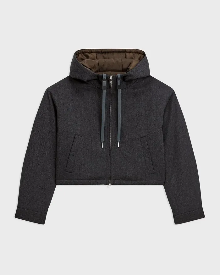 Women Blazers Jackets Theory Cropped ZipUp Hoodie In WoolBlend Twill Charcoal