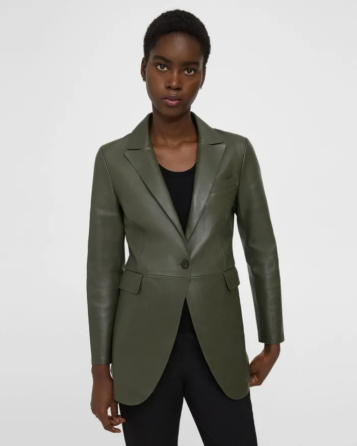 Women Blazers Jackets Theory Etiennette Blazer In Leather Dark Olive