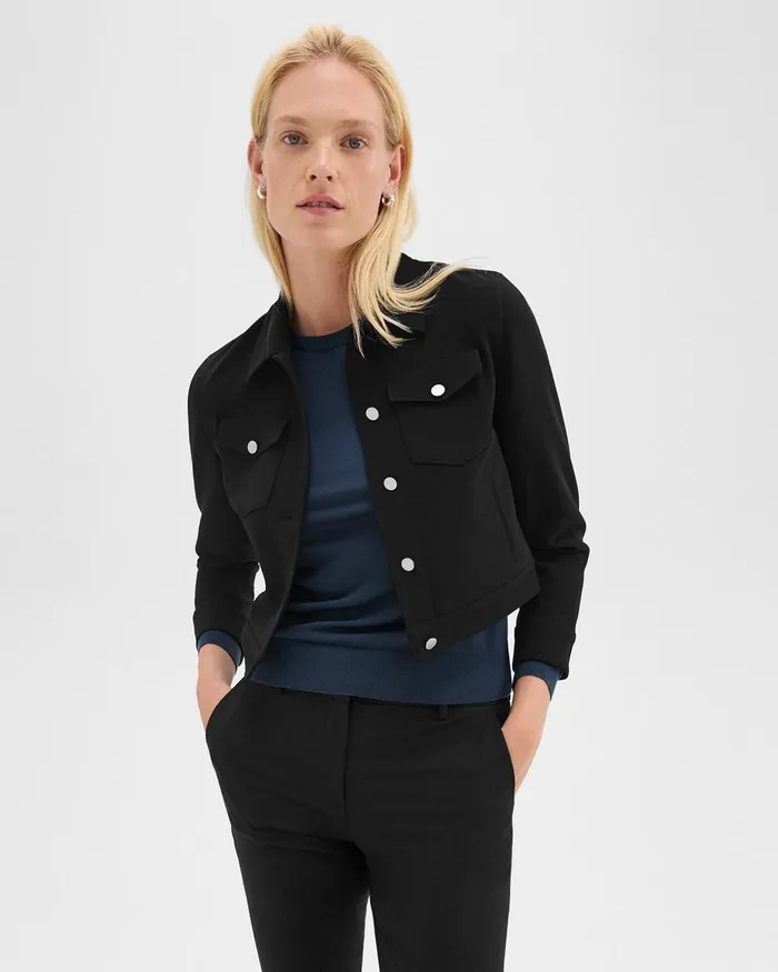 Women Blazers Jackets Theory Shrunken Trucker Jacket In Admiral Crepe Black