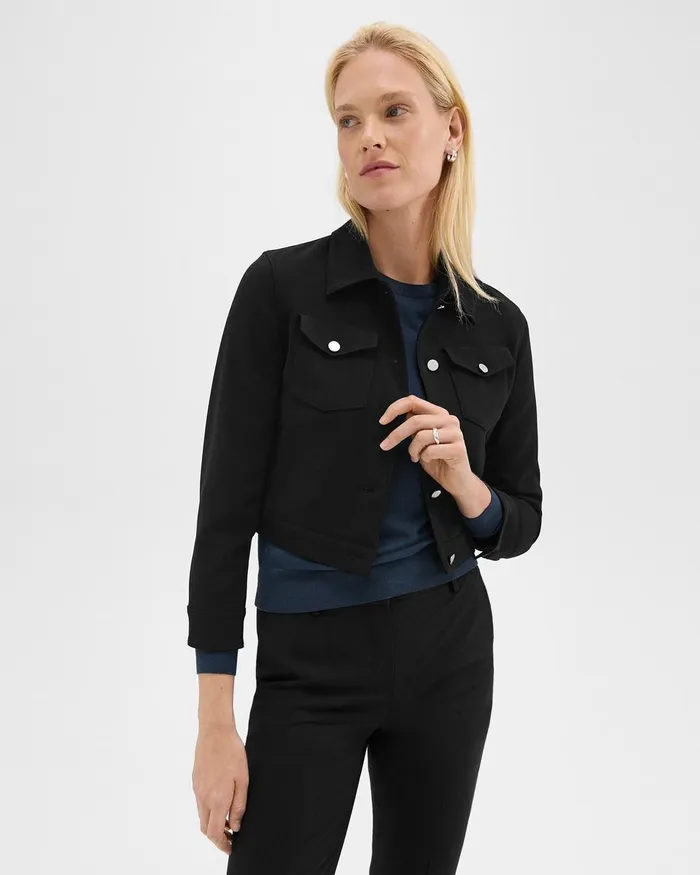 Women Blazers Jackets Theory Shrunken Trucker Jacket In Admiral Crepe Black