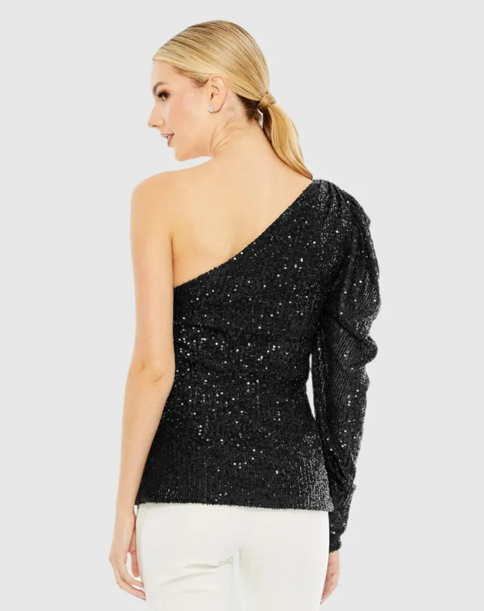 Women Blouses and Tops Mac Duggal One Shoulder Puff Sleeve Sequin Top 8211 FINAL SALE Black