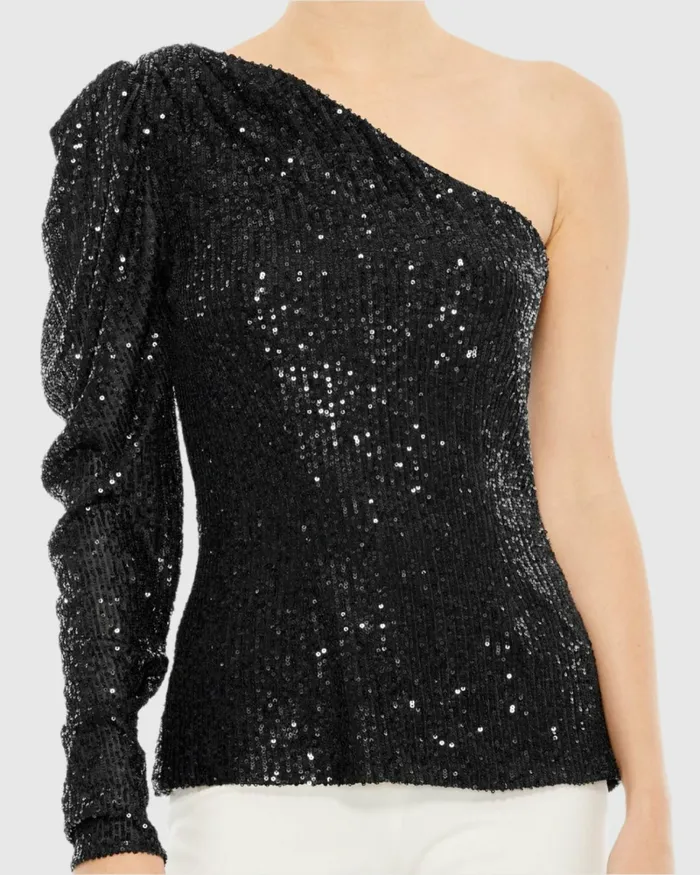 Women Blouses and Tops Mac Duggal One Shoulder Puff Sleeve Sequin Top 8211 FINAL SALE Black