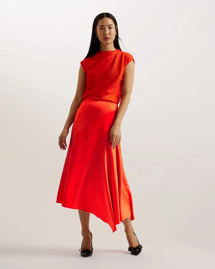 Women BOLSENA 8211 Asymmetric Satin Midi Skirt Red Ted Baker Skirts